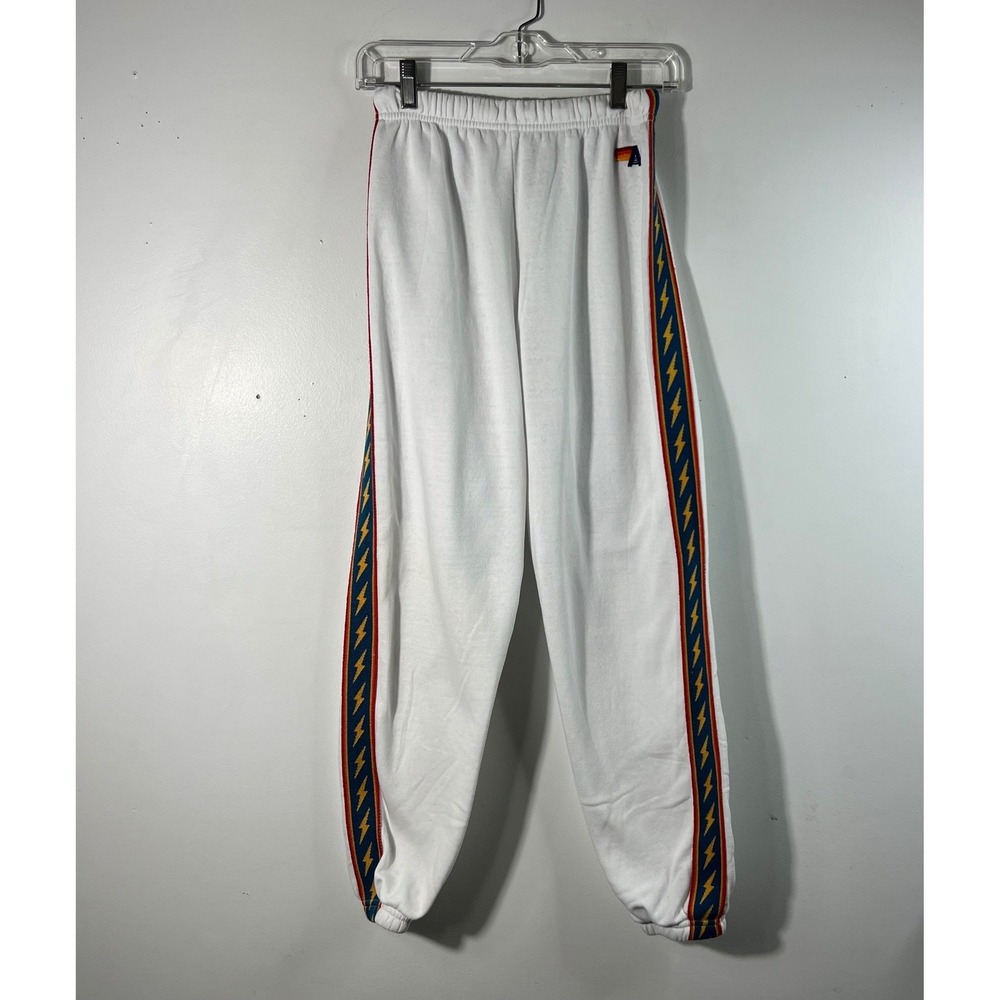 Aviator Nation Thunder Bolt Stripe Jogger Pants White Red Yellow Blue XS